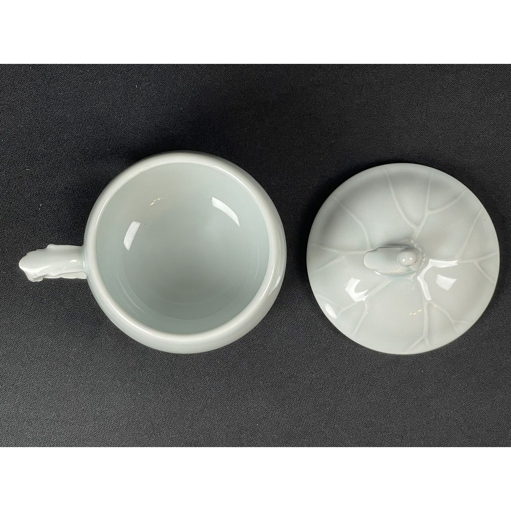 Porcelain Celadon Cabbage Lidded Coffee Tea Cup with Bird Handle Lid Marked - Picture 4 of 10